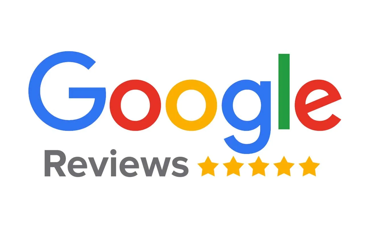 Google Reviews logo featuring the word 'Google' in colorful letters with five yellow star ratings below.